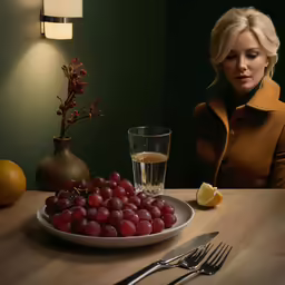 a woman sitting at a table eating grapes