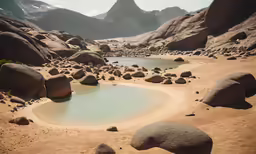 large rocks in front of small pond at the base of a mountain