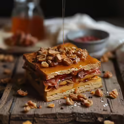 a stack of food that has been stacked on a board