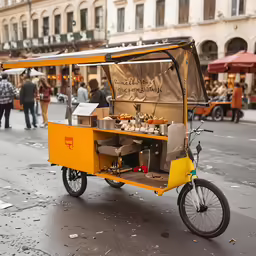a yellow cart with food sitting in the street