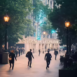 people are walking around in the middle of a busy plaza