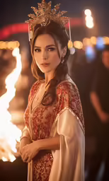 a woman wearing a crown standing on top of a street
