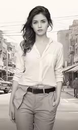 woman in white shirt and pants on city street
