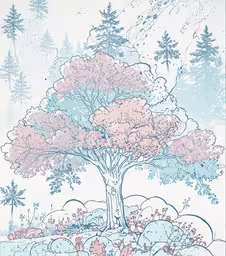 the colors of a tree on top of a mountain,a drawing of a tree and many other plants in the foreground