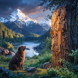 a bear looking up at a mountain, tree, and a river