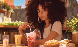 the girl is eating her meal at the table,a woman sitting at a table with plates of food and drinks