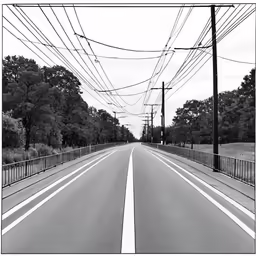 an empty highway surrounded by power lines
