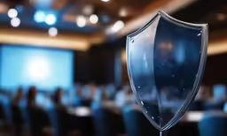 a shield shaped object in front of a auditorium with audience