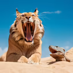 two animals on sand with one biting the other