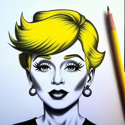 a woman with black eyes and yellow hair,this is a drawing of a woman