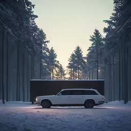 a white truck parked in the middle of the snowy forest