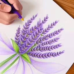 drawing a purple flower with a crayon pencil,a close - up view of a purple flower that has been drawn with colored pencil,a drawing with purple flowers on paper with a person writing,someone using a sharpie to draw the center of a flower with a crayon pen,drawing a purple flower with colored pencils