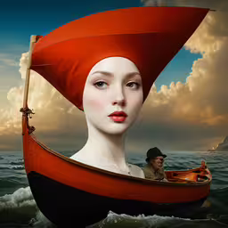 a woman in a red boat next to a man,there is a female with a red hat on in a boat