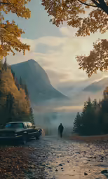 the man is walking down the road to his car