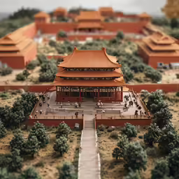 an model of a building, looking down on a small road