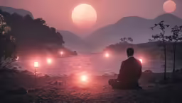 a man sitting on the ground in front of some bright lights