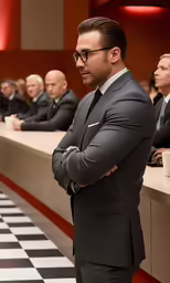 a man in a suit is looking away while a group of people are sitting at the counter
