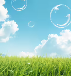 soap bubbles in the air over green grass