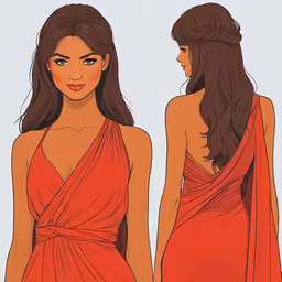 a woman wearing an orange dress with long brown hair