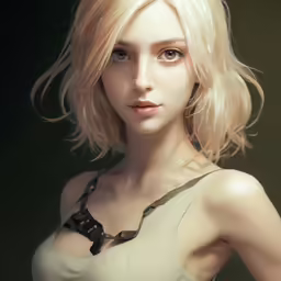 a blonde woman in a beige dress with an choker