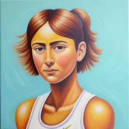 a painting of a young woman wearing a white tank top,a painting of a woman with long hair in a tank top