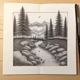 a drawing of trees and stream on a piece of paper,a drawing that is sitting on a book,a sketch of mountains and trees,a drawing of a forest, with mountains and trees,pencil sketch of a river flowing under trees