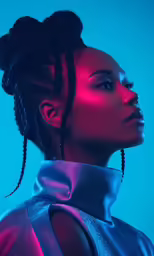 a woman wearing a black hair in a blue jacket