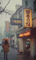 a person with an umbrella walks down the street in the rain
