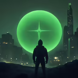 an artwork featuring a sci - ficent figure standing in front of a giant round