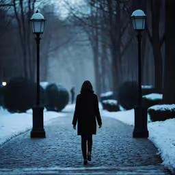 a person walking down a snowy street