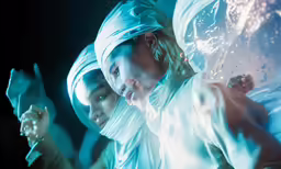 two woman dressed in costumes and blue in front of a mirror