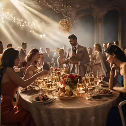 people sitting around a round table full of food
