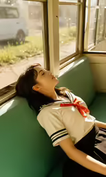 woman lying head down on seat and smiling at the view