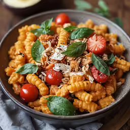 this pasta salad is topped with tomatoes and parmesan cheese