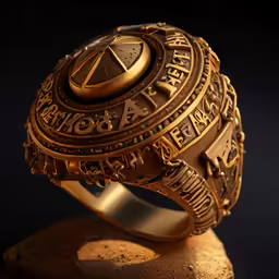 a golden ring with letters and a star on it