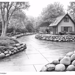 this is an original landscape image, a house and a rock garden border