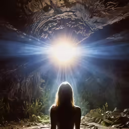 woman sitting with light shining down from her eyes