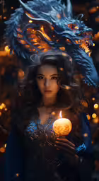a woman holds a candle in front of a dragon