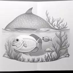 drawing in pencil of a large shark, corals and an angelfish