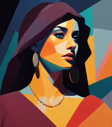 a portrait of an individual with a multi colored geometric background,a painting of a woman with big earrings and a hat