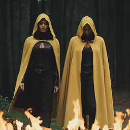 two women wearing cloaks walking around fire