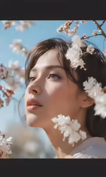 a woman in profile standing under blooming branches