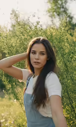 a woman that is standing up by some grass
