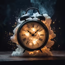 a clock is on fire surrounded by smoke