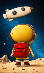 a robot carrying a red suitcase on top of rocks