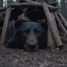 a black bear laying in the woods looking at something
