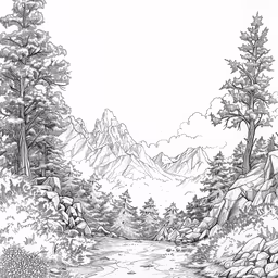a drawing of mountains in a forest,an outline of a river with trees in the background