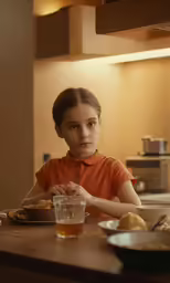 girl sitting at table looking on, looking away
