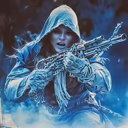 the character is holding a large rifle in her hand