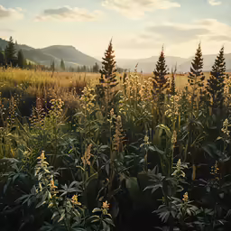 many plants and bushes in a grassy field with mountains in the background